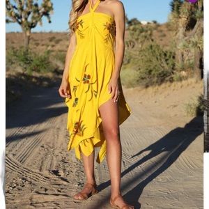 VENICE BLUE Bright Yellow Strapless Halter Dress with Floral & Embroidery, OS.